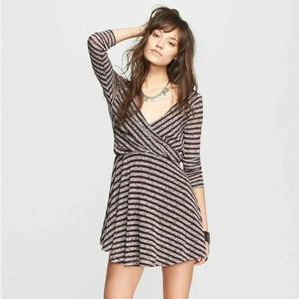Free People• Maverick Eggplant Purple/Gray Stripe V-Back Dress Sz XS